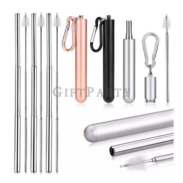 Foldable Stainless Steel  Straw with Aluminum Case,304不鏽鋼伸縮吸管登山扣盒,Advertising gifts, promotional gif