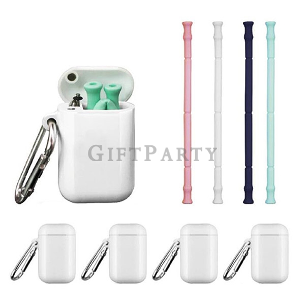 Eco Friendly Silicone Folding Drinking Straws With Cases and Cleaning Brushes Box,矽膠折疊吸管白色磁扣盒附登山扣,Fo