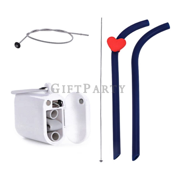 Eco Friendly Silicone Folding Drinking Straws With Cases and Cleaning Brushes Box,矽膠折疊吸管白色磁扣盒附登山扣,Fo