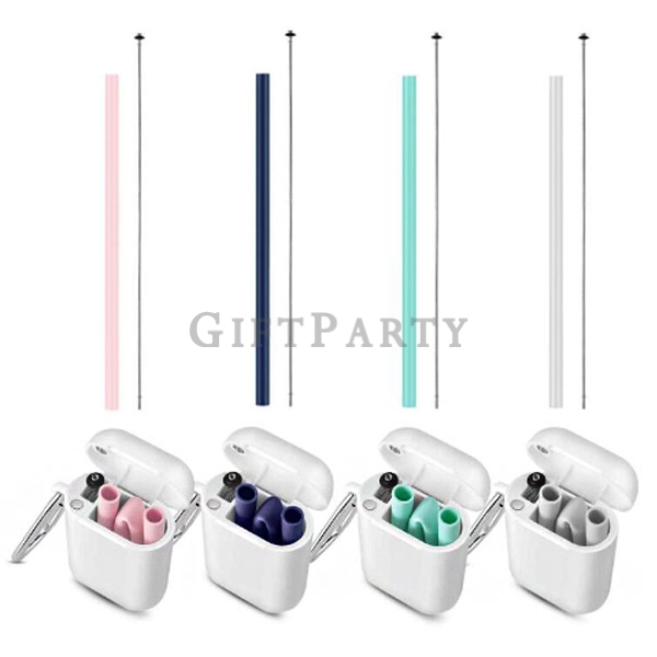 Eco Friendly Silicone Folding Drinking Straws With Cases and Cleaning Brushes Box,矽膠折疊吸管白色磁扣盒附登山扣,矽膠