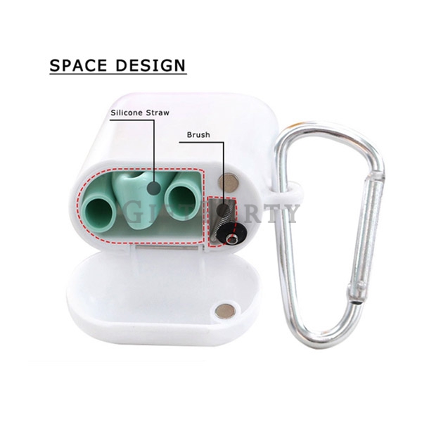 Eco Friendly Silicone Folding Drinking Straws With Cases and Cleaning Brushes Box,矽膠折疊吸管白色磁扣盒附登山扣,Fo