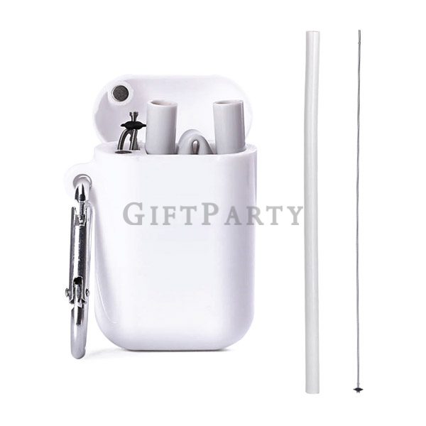 Eco Friendly Silicone Folding Drinking Straws With Cases and Cleaning Brushes Box,矽膠折疊吸管白色磁扣盒附登山扣,Fo