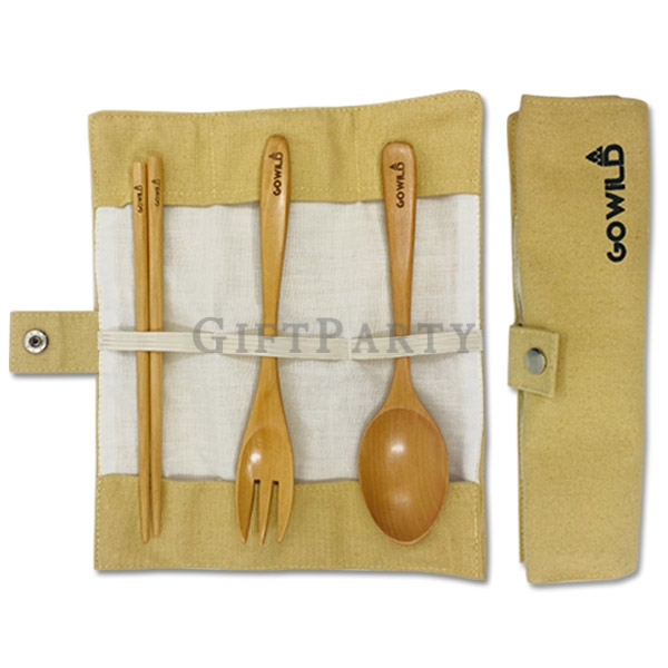 Wooden tableware set 3pcs with canvas bag,客製餐具組,廣告贈品,客製禮品,木質三件式餐具帆布包
