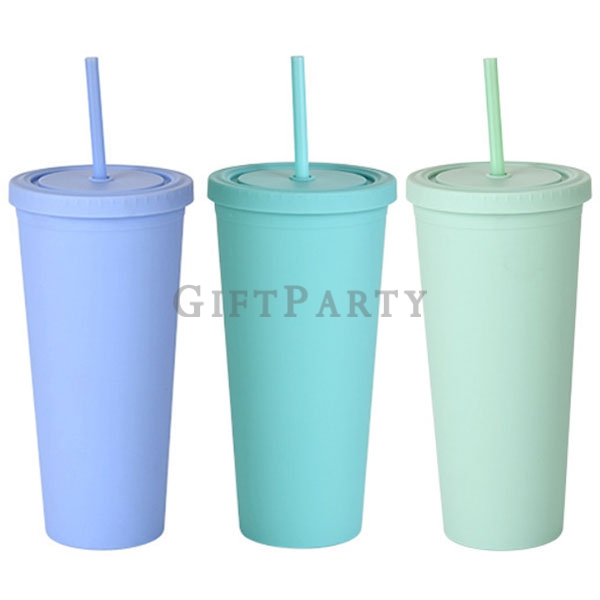 Double-layer plastic cup with straw 700ml 22oz,雙層塑料吸管杯700ml純色,禮品,文創禮品,廣告贈品