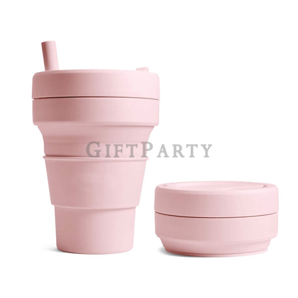 Silicone Travel Cups 16oz Collapsible Coffee Cup With Straw,食品級矽膠折疊咖啡杯環保袋帶管16oz