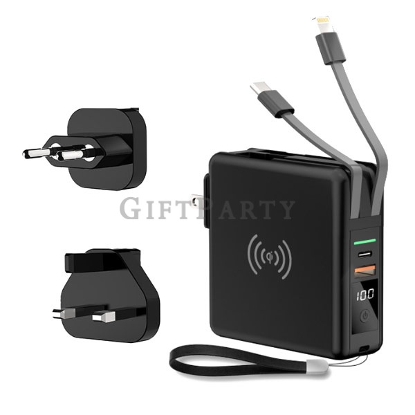 帶線行動電源,充電寶,自帶插頭帶線10000mAh快充行動電源美歐英規套裝