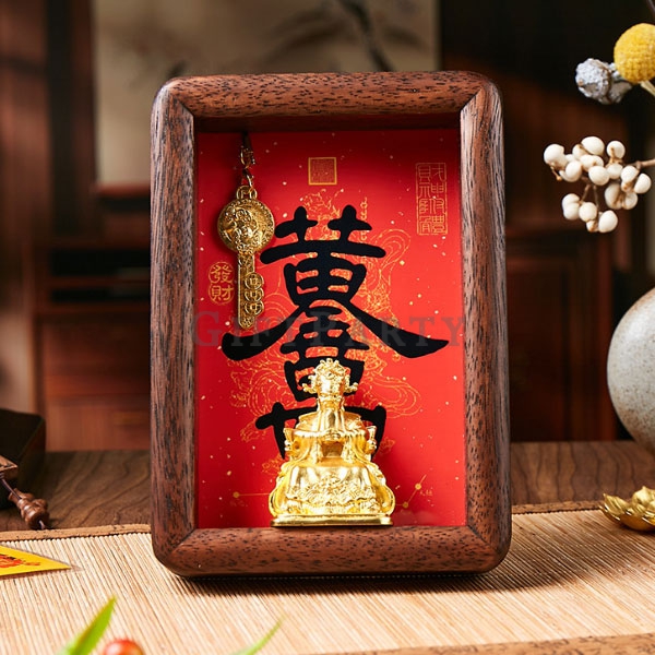 黃財神金鑰匙開財庫黑胡桃實木外框擺飾,入厝禮品,房仲禮品,股東會贈品
