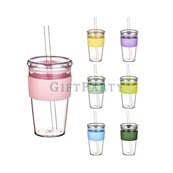 Tritan透明吸管杯450ml帶防滑杯套,客製化禮品, 贈品大宗採購, Tritan水杯客製, 透明吸管杯訂製, 企業ESG贈品, 台北禮贈品公司, 450ml隨行杯, 矽膠杯套客製, BPAFre