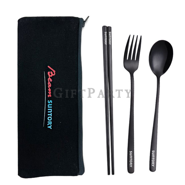 Black Plated Stainless Steel Cutlery Set Canvas Bag鍍黑不鏽鋼餐具三件組帆布包