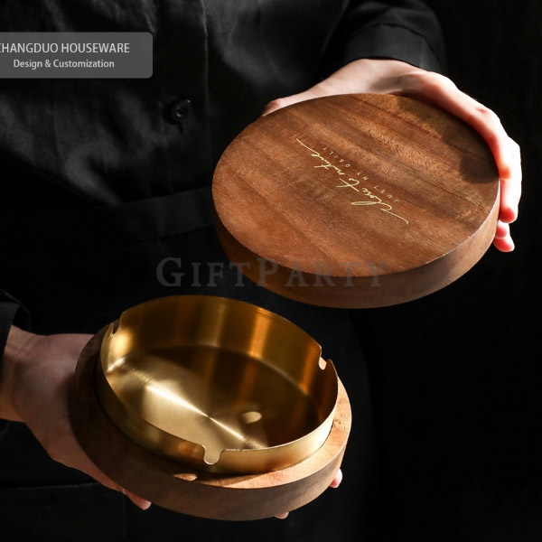 Wooden gold-plated stainless steel ashtray,木質鍍金不鏽鋼菸灰缸