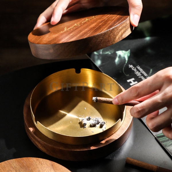 Wooden gold-plated stainless steel ashtray,木質鍍金不鏽鋼菸灰缸